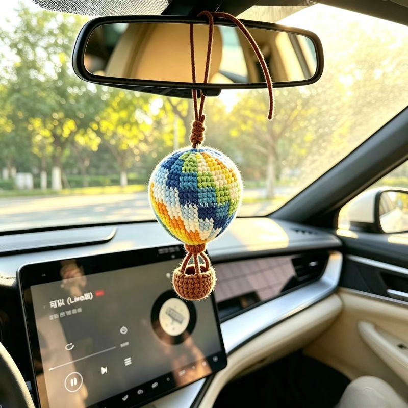 Car Accessories Mirror Hanging - ของตกแต่งรถยนต์รูปบอลลูนลมร้อนถักโครเชต์น่ารัก, อุปกรณ์ตกแต่งกระจกมองหลังทำมือ, ของตกแต่งแขวนสไตล์โบโฮ, ของตกแต่งแผงหน้าปัดสำหรับรถเทสล่า